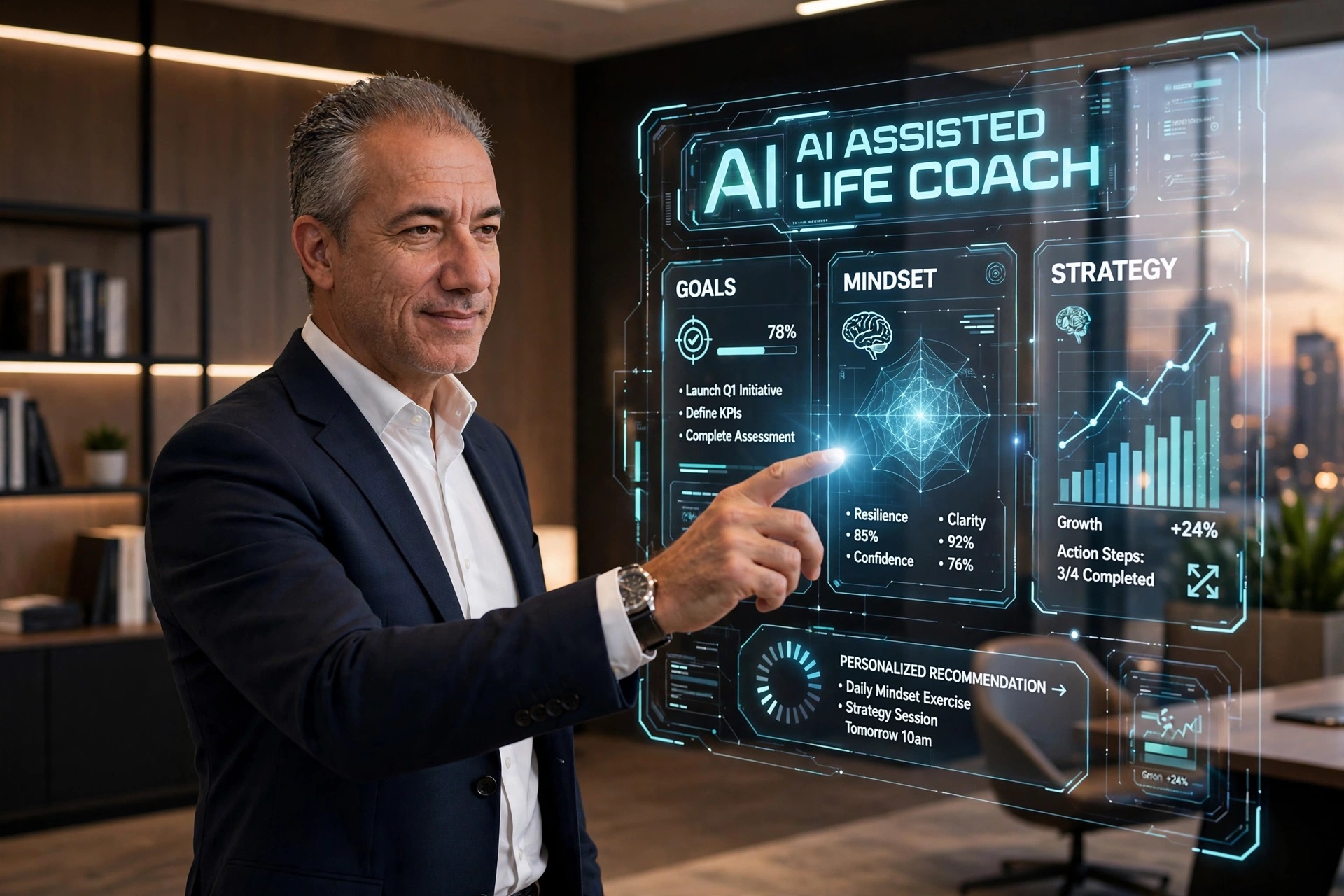 A holographic AI-assisted life coach dashboard showing goals, mindset and strategy metrics