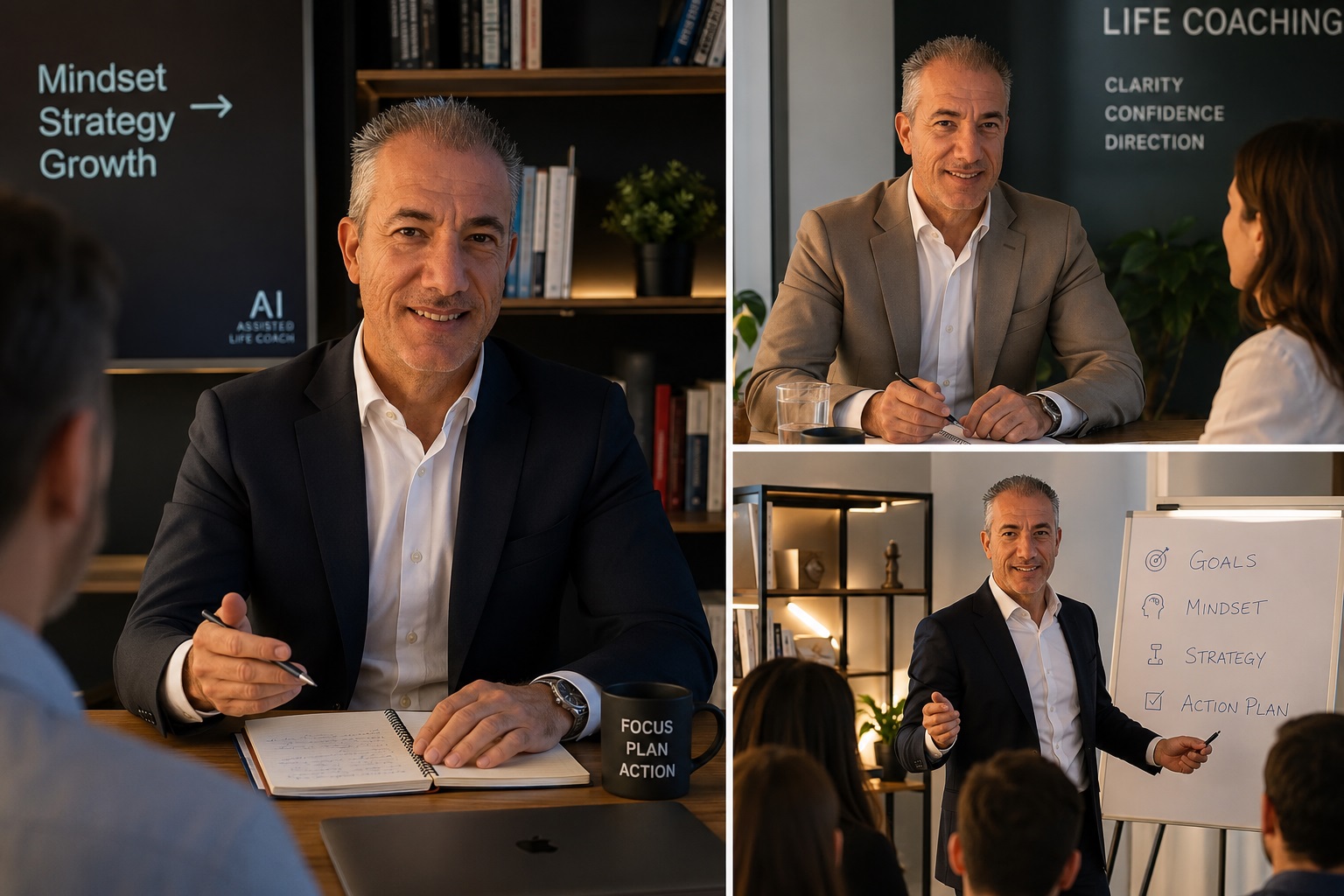 Makis Nikolaidis at his desk, in conversation, and presenting at a whiteboard