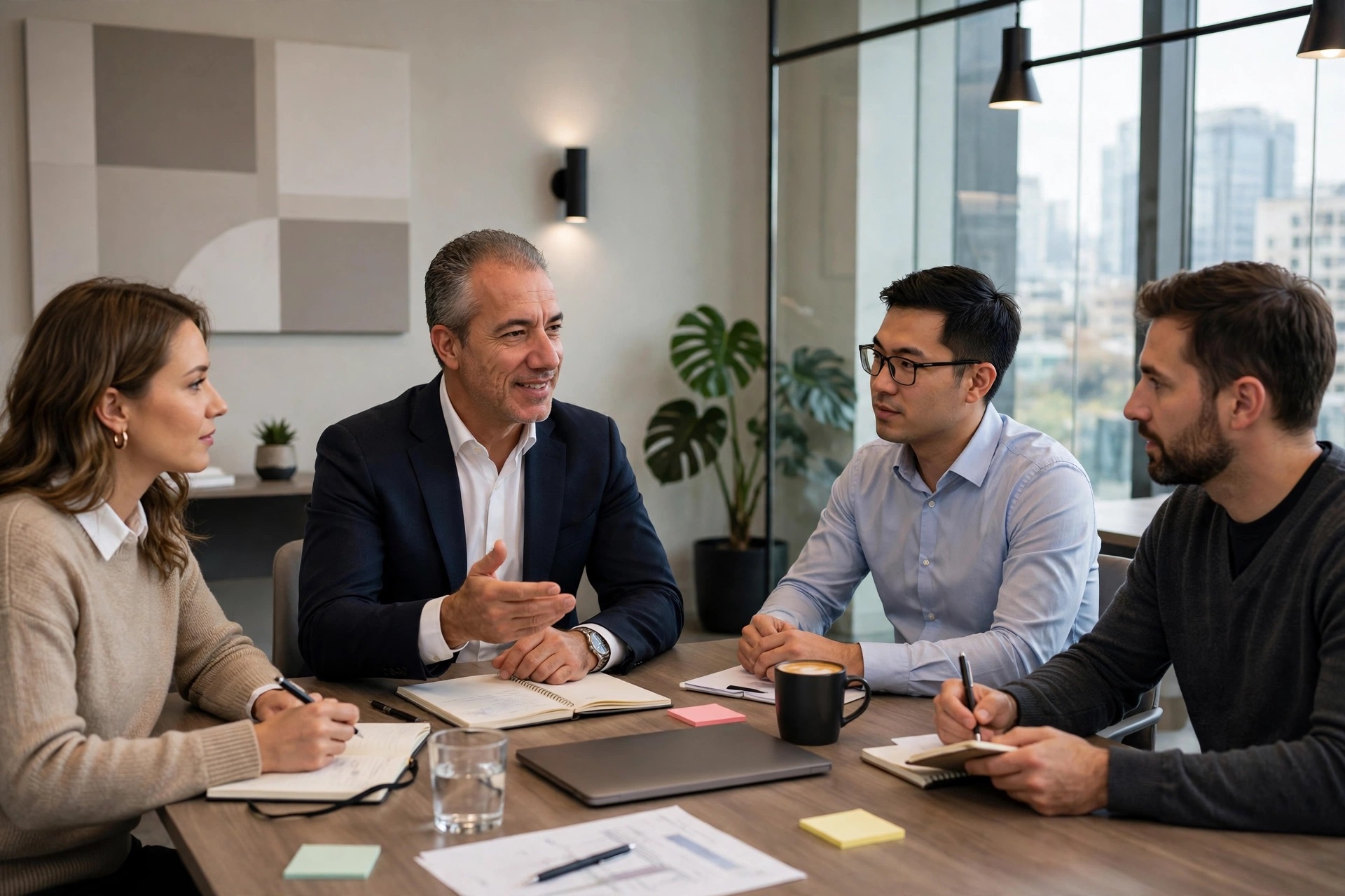 Coaching conversation around a table with four participants