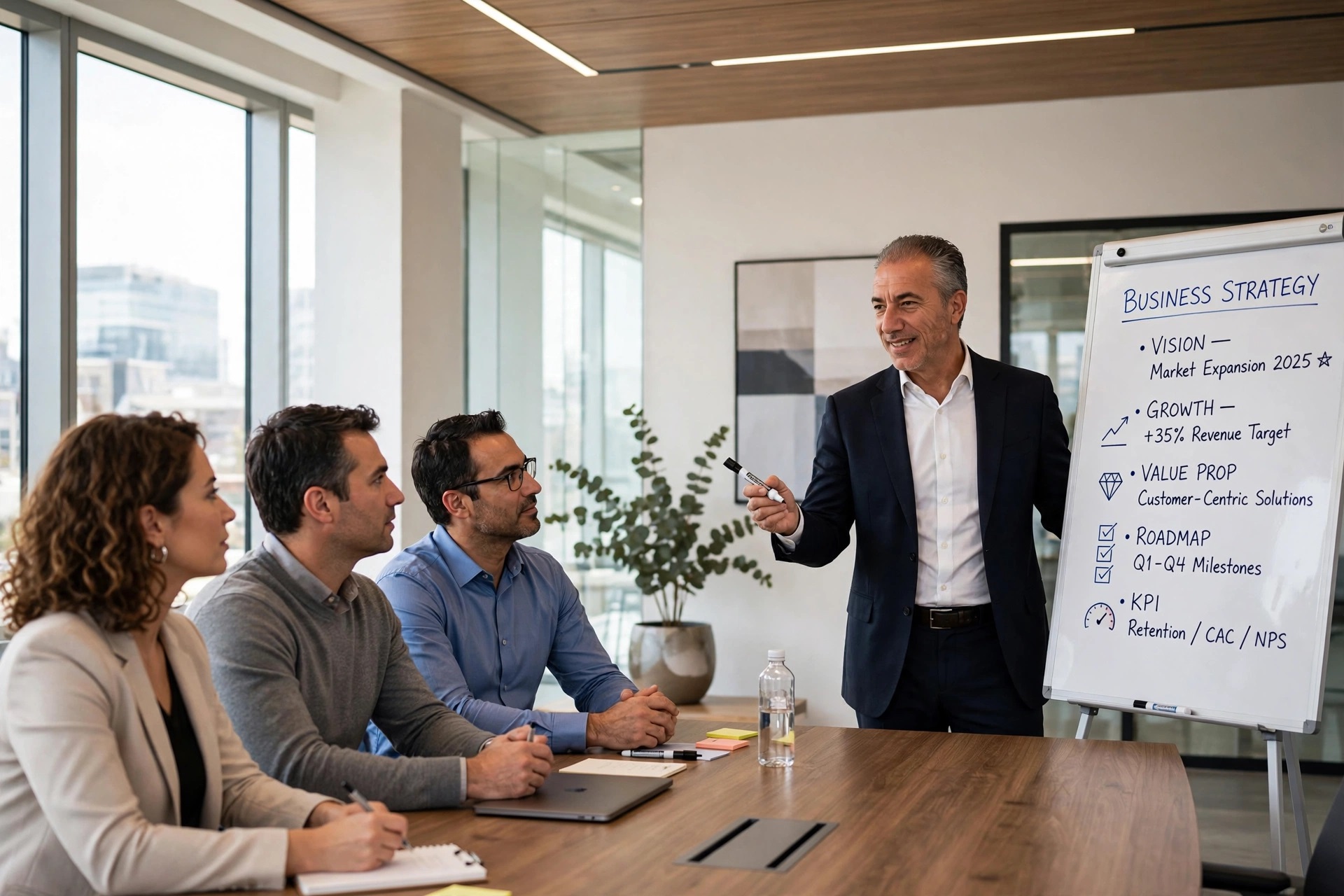 Working through a strategy session at a whiteboard